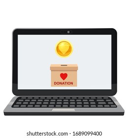 Donate online payments. Make a donation box on a laptop PC display. Charity fundraising concept. Vector illustration isolated