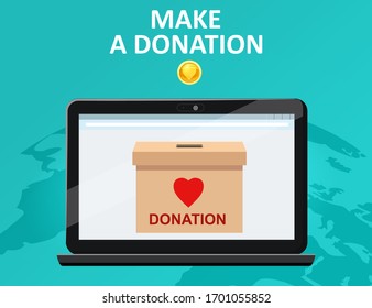 Dona pagos en línea. Haz una caja de donaciones en la pantalla de un ordenador portátil. Concepto de recaudación de fondos de caridad. Antecedentes terrestres. Ilustración de vectores aislada