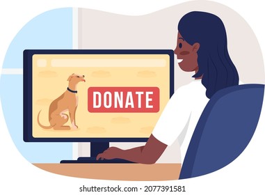 Donate online to pet shelter 2D vector isolated illustration. Happy woman at home participating in charity flat character on cartoon background. Contribution to animal care colourful scene