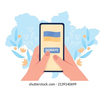 Donate online for Ukraine 2D vector isolated illustration. Support ukrainians. Phone flat first view hand on cartoon background. Colourful scene for mobile, website, presentation. Bebas Neue font used