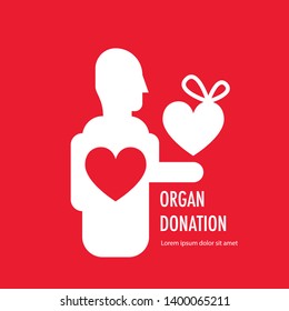 Donate organ banner on red background. Man give heart. Vector illustration