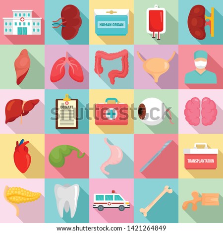 Donate organs icons set. Flat set of donate organs vector icons for web design