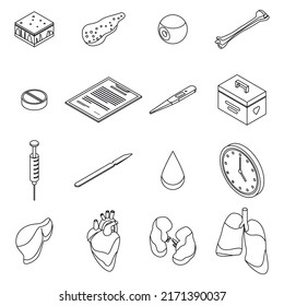 Juego de iconos de donar órganos. Conjunto isométrico de órganos donados iconos vectoriales contorno aislado en fondo blanco