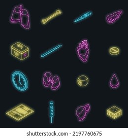 Donate organs icons set. Isometric set of donate organs vector icons neon color on black