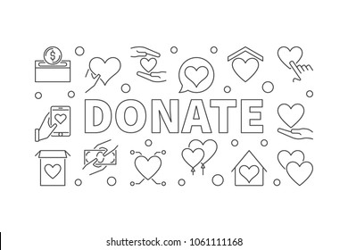 Ilustración horizontal del esquema de donación. Cartel de caridad vectorial y donación simple al estilo delgado con fondo blanco