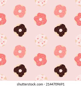 Donate pattern cartoon colorful style. Simple cute background with tasty chocolate and vanilla sweets doughnuts.