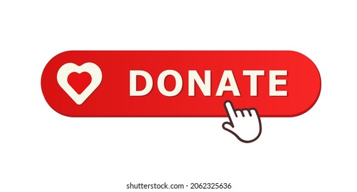Donate. Red button with a heart and forefinger pressing on it. 3 D. Vector illustration.