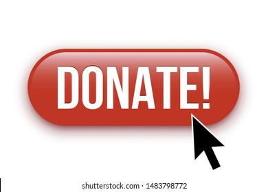 Donate red website button illustration. Charitable contribution, benefaction 3D vector drawing on white background. Giving money, support webpage. Philanthropy concept. Charity and volunteering
