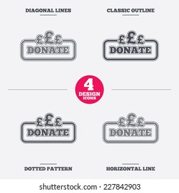 Donate sign icon. Pounds gbp symbol. Diagonal and horizontal lines, classic outline, dotted texture. Pattern design icons.  Vector