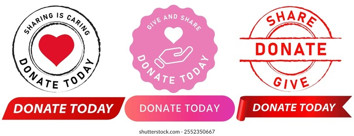 Donate today charity donation sharing caring giving now day stamp colorful badges sticker label banner seal emblem button ribbon grunge texture design icon set collection