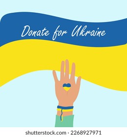 Donate for Ukraine, Palm raised up. A symbolic bracelet on the wrist. A call to help Ukraine.