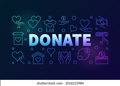 Donate vector colored horizontal banner or illustration made with charity and donation linear icons on dark background