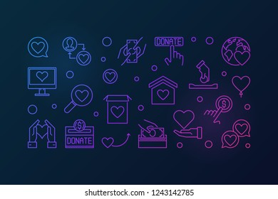 Donate vector colorful horizontal banner in thin line style on dark background