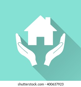 Donate   vector icon with long shadow. White illustration isolated on green background for graphic and web design.  
