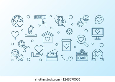 Donate vector simple blue horizontal illustration in thin line style