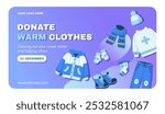 Donate warm clothes banner.  A banner encouraging people to donate warm clothes. The illustration shows winter clothing on a blue background with the text "Donate Warm Clothes" and event details.