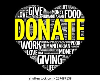Donate word cloud, heart concept