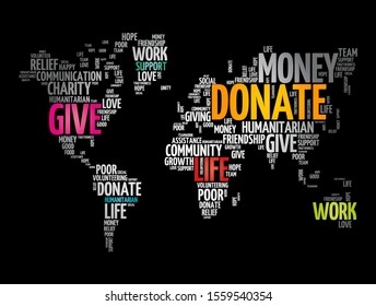 Donate word cloud in shape of world map, social concept background