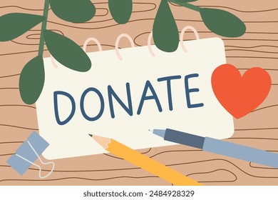 donar palabras escritas en un cuaderno de espiral; perfecto para su uso en materiales de campaña de caridad, Sitios web de organizaciones sin fines de lucro - Ilustración vectorial