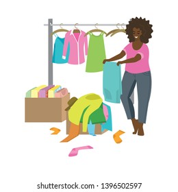 
Donated boxes clothes. Women fold clothes. Men's and women's clothing on hangers and in boxes. Vector.