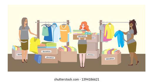 Donated clothing boxes. Women volunteers disassemble clothes. Men's and women's clothing on hangers and in boxes. Vector.