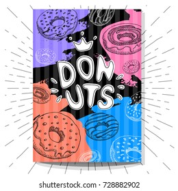 Donates colorful cafe poster. Bright Cool food sketches composition. Fast food labels. Donuts, sweet, cakes. Hand drawn vector illustration.