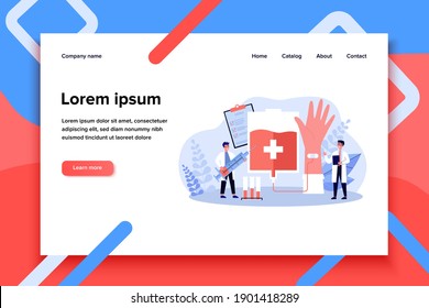Donating blood in hospital flat vector illustration. Cartoon doctor or nurse taking blood from donor infographics. Health, emergency and medicine concept