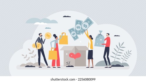 Donating to charitable organization and charity project tiny person concept. Support poor and hunger with financial aid, assistance, help or contribution vector illustration. Social fund company.