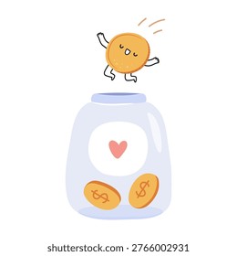 Donating funds, charity and donation. Vector in flat style, isolated cute character personage, dollar gold coin jumping in jar with financial assets and money. Helping and supporting those in need