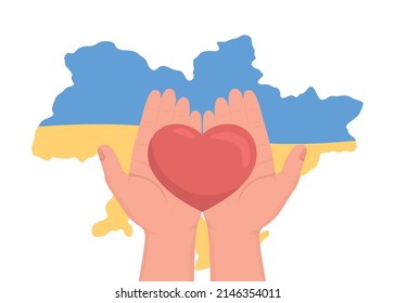 Donating to help ukrainian refugees and armed forces 2D vector isolated illustration. Love for Ukraine flat first view hand on cartoon background. Colourful scene for mobile, website, presentation