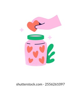 Donating in the jar. Kindness, charity, and volunteering work concept. Vector flat illustration isolated on a white background.