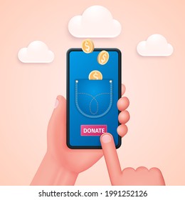 Donating money by online payments. Hand holds smartphone, finger touches donate button on screen. Gold coins fall into the pocket. Web vector illustrations in 3D style