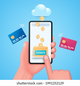 Donating money by online payments. Hand holds smartphone, finger touches donate button on screen. Gold coins fall into the box. Web vector illustrations in 3D style