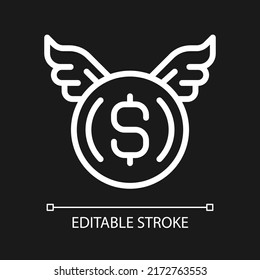 Geldspenden Pixel perfekt weiß lineares Symbol für dunkles Thema. Ausgeben von Bargeld. Wohltätige Organisation. Dünne Illustration. Einzelnes Symbol für den Nachtmodus. Bearbeitbarer Strich. Arithmetik verwendet