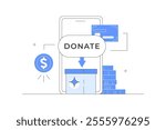 Donating money. Putting coins in donation box and paying with credit card online. Financial support and fundraising concept. Online donation smartphone. Flat Cartoon Vector Illustration, icon. Stylish