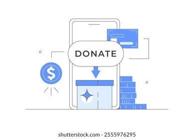 Donating money. Putting coins in donation box and paying with credit card online. Financial support and fundraising concept. Online donation smartphone. Flat Cartoon Vector Illustration, icon. Stylish