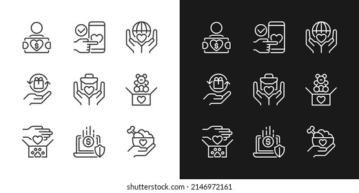 Donating to multiple charities pixel perfect linear icons set for dark, light mode. Charitable organization. Thin line symbols for night, day theme. Isolated illustrations. Editable stroke