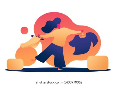 Donating old clothes for needy peoples. Charity and donating. Mindful living. Girl pack clothes for relocation. New purchases openening boxes. Girl with clothes concept flat vector illustration.