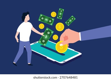 Donar concepto de pagos en línea. Botón de moneda de oro isométrico de hombre de teléfono inteligente