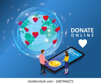 Donating online payments consept. Isometric smartphone tiny people woman man gold coin button and eath palnet background hearts, button donation on smartphone screen. Modern charity. Vector