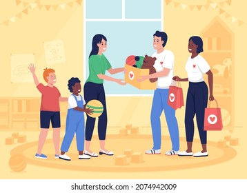 Donating to orphanage flat color vector illustration. Non profit help for community. Give kids toys. Children and volunteers 2D cartoon characters with kindergarten room interior on background