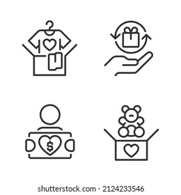 Donating used goods pixel perfect linear icons set. Second hand clothes. Charitable group. Send toys. Customizable thin line symbols. Isolated vector outline illustrations. Editable stroke