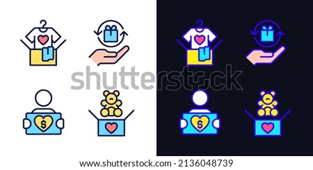 Donating used goods pixel perfect light and dark theme color icons set. Second hand clothes. Charitable group. Simple filled line drawings. Bright cliparts on white and black. Editable stroke