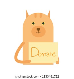Donation for animal. Cute cat holding donate tag. Vector illustration