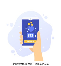 Donation app, phone in hand, vector