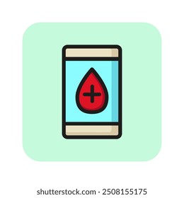 Icono de línea de aplicación de donación. Gota de sangre, smartphone, crowdfunding. Concepto de caridad. Puede ser utilizado para temas como filantropía, campaña, fondo