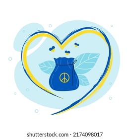 Donation bag inside line of heart drawn with brush. Support and care to Ukraine from community of people flat vector illustration. Charity concept