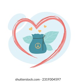 Donation bag inside line of heart drawn with brush Charity concept. Support and care from community of people flat vector illustration.
