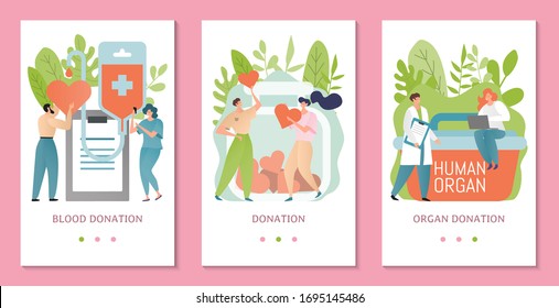 Donation banner card vector illustration. People donating blood, human organ. Donate and help others, charity and care concept. Man and woman volunteer giving heart, support. Doctor cartoon character.