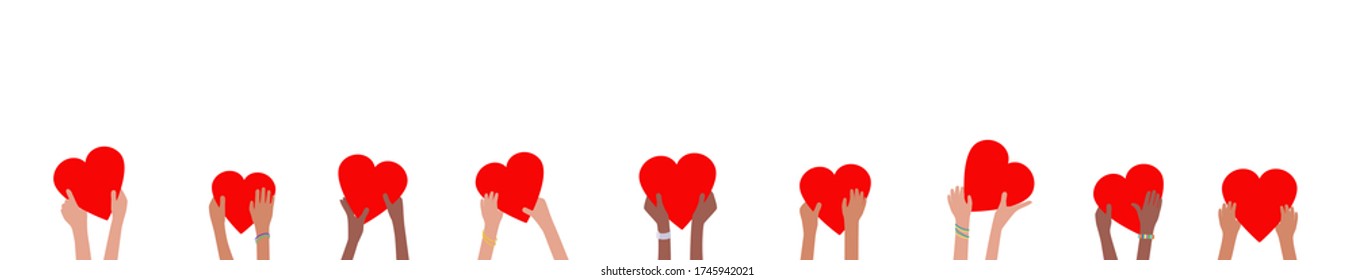 Donation banner with children hands holding and giving red hearts donate concept